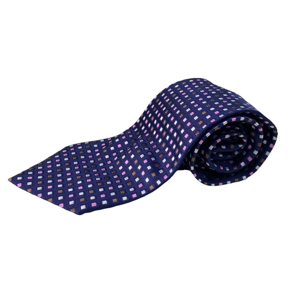 BEAU BRUMMEL Men's 100% Silk Necktie Hand made 58"x3.75" Navy Blue/Pink/Silver